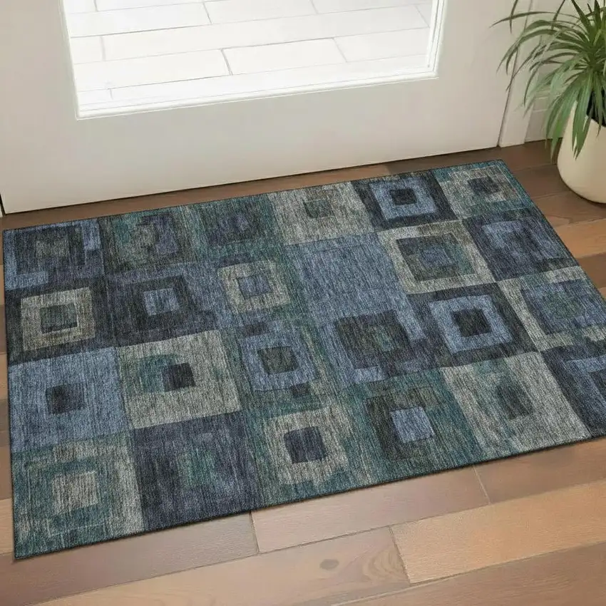 Blue And Green Geometric Washable Area Rug With UV Protection Photo 2