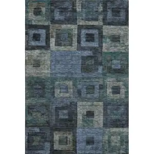 Photo of Blue And Green Geometric Washable Area Rug With UV Protection