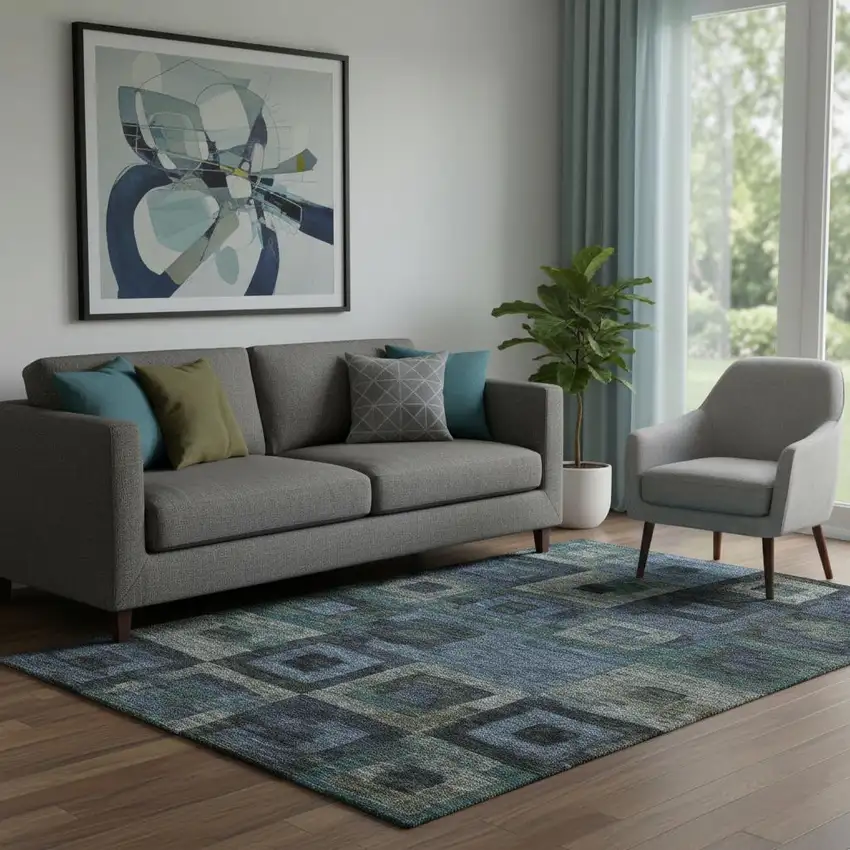 Blue And Green Geometric Washable Area Rug With UV Protection Photo 2