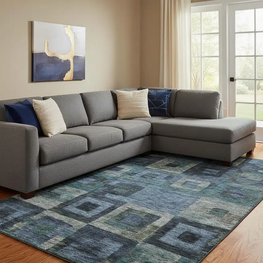 Blue And Green Geometric Washable Area Rug With UV Protection Photo 2