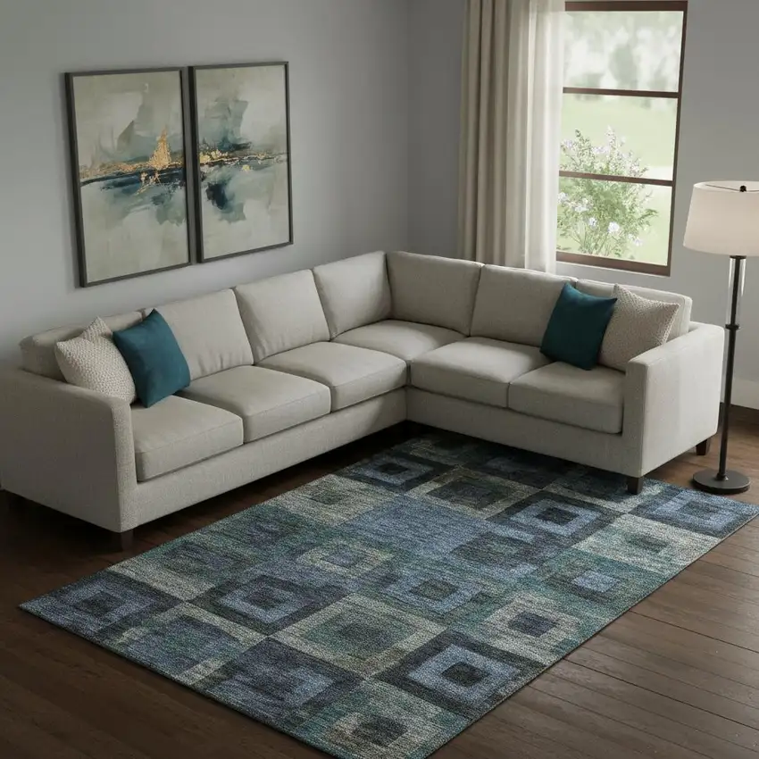 Blue And Green Geometric Washable Area Rug With UV Protection Photo 2