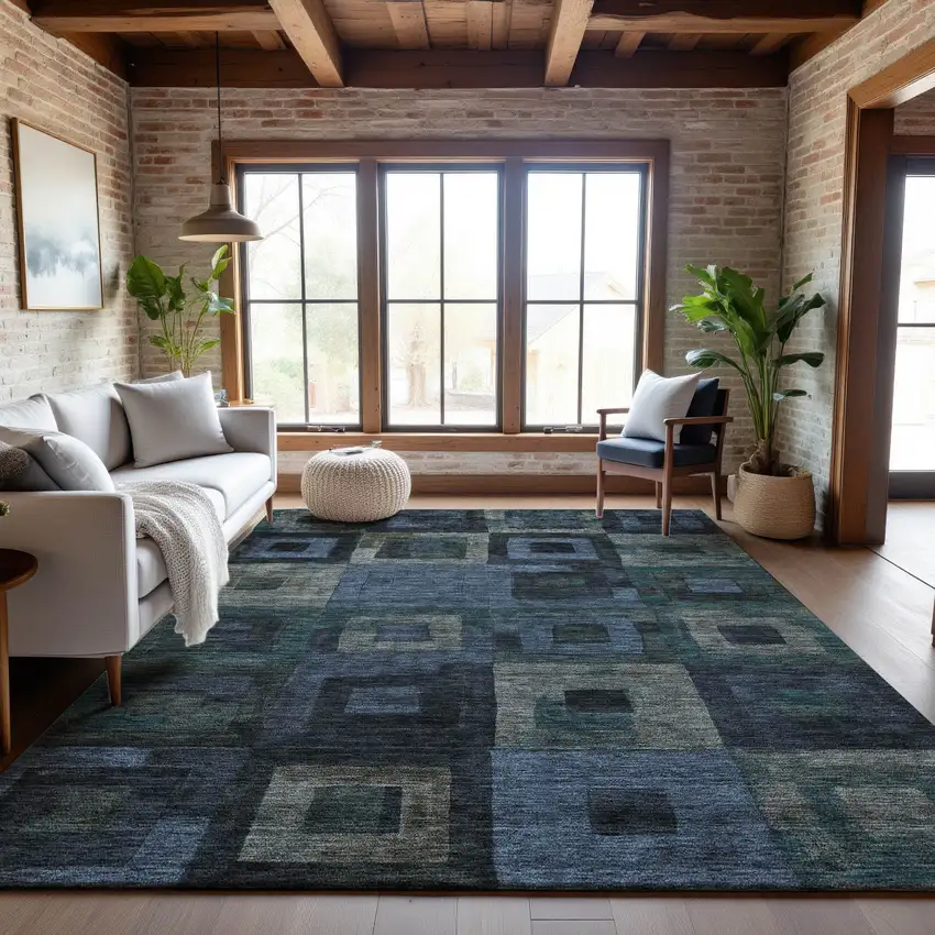 Blue And Green Geometric Washable Area Rug With UV Protection Photo 4
