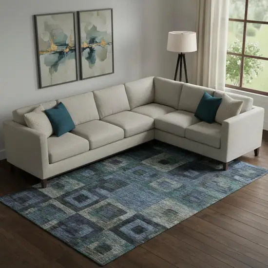 Blue And Green Geometric Washable Area Rug With UV Protection Photo 2