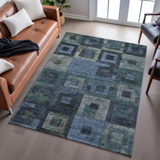 Blue And Green Geometric Washable Area Rug With UV Protection Photo 5