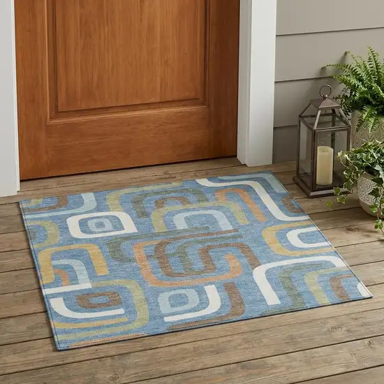 Blue And Green Geometric Washable Indoor Outdoor Area Rug Photo 1