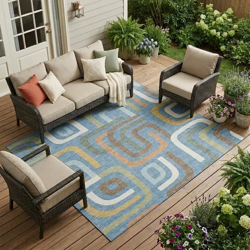 Blue And Green Geometric Washable Indoor Outdoor Area Rug Photo 1