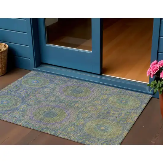 Blue And Green Medallion Washable Indoor Outdoor Area Rug Photo 2