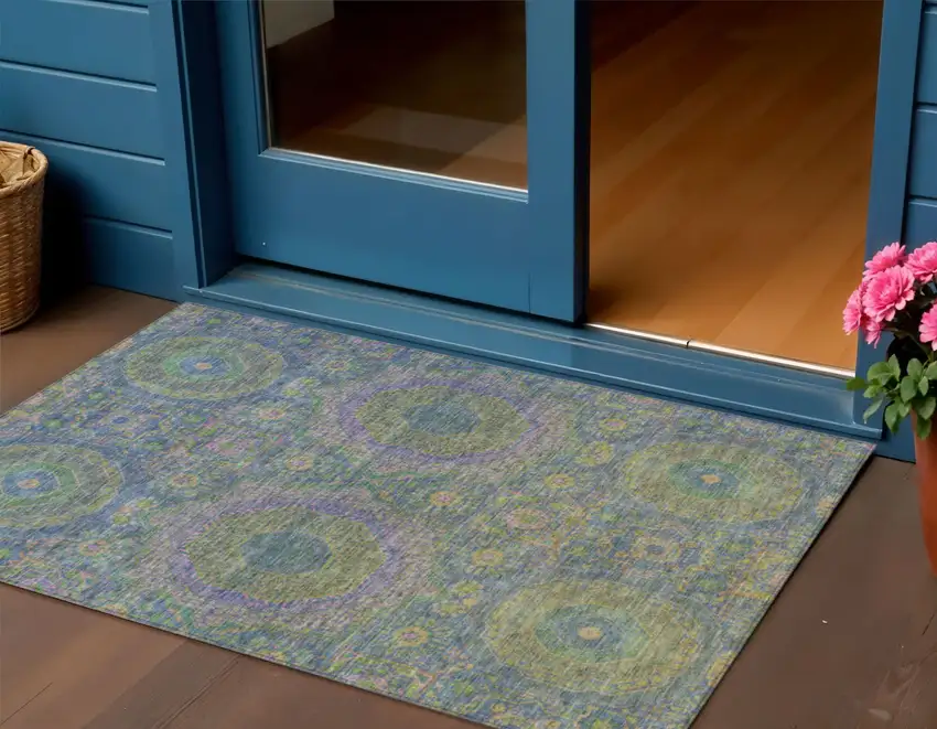 Blue And Green Medallion Washable Indoor Outdoor Area Rug Photo 2