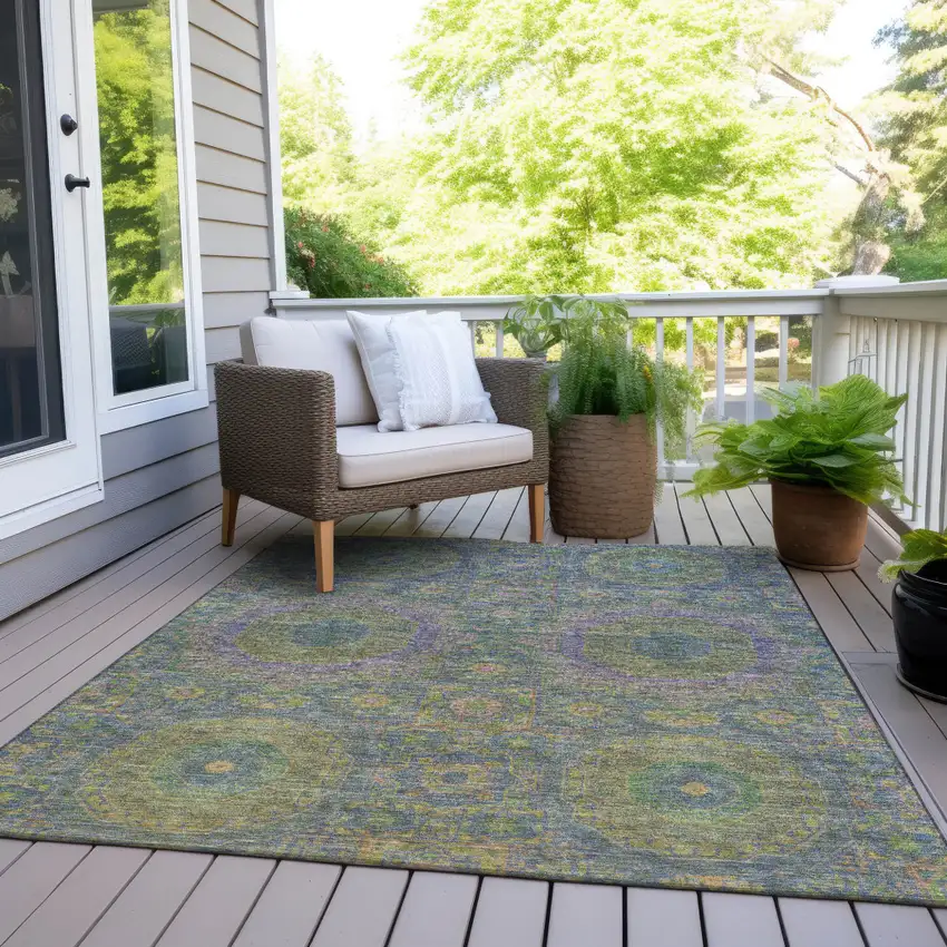 Blue And Green Medallion Washable Indoor Outdoor Area Rug Photo 8