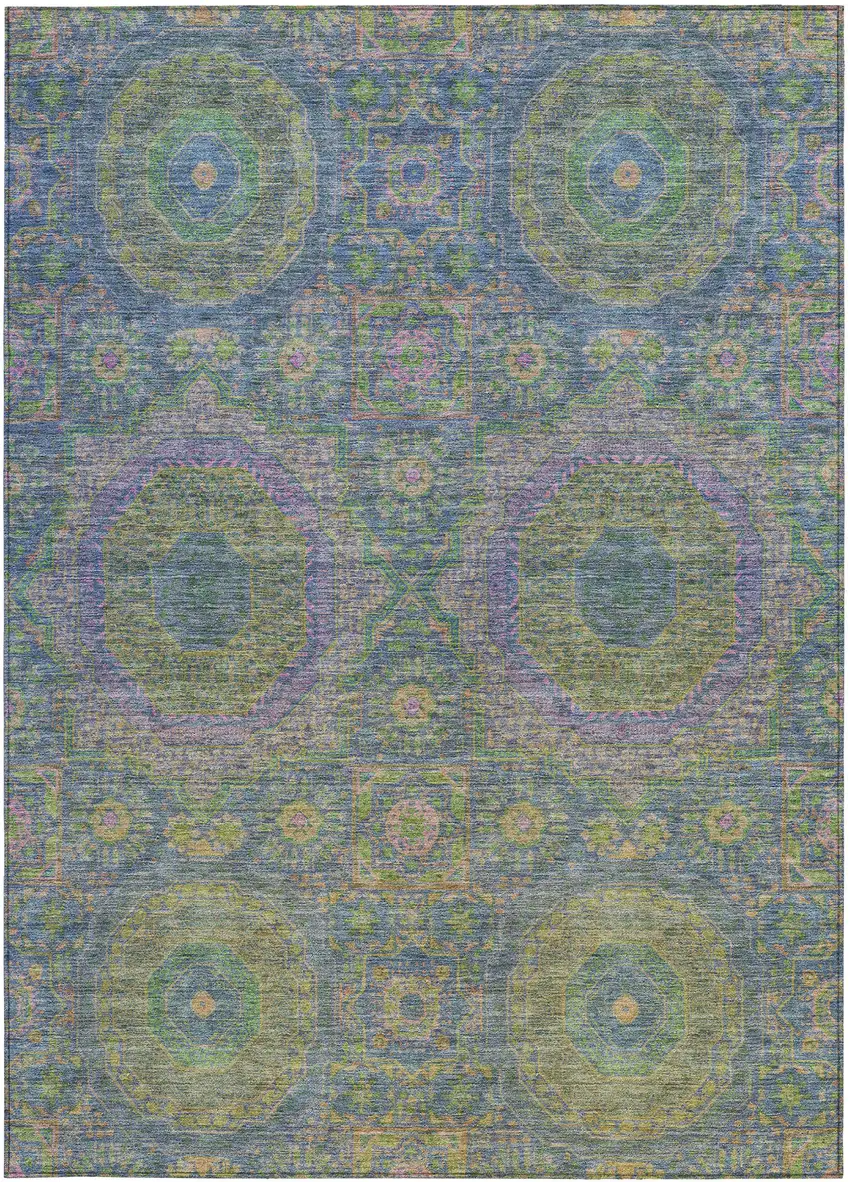 Blue And Green Medallion Washable Indoor Outdoor Area Rug Photo 3