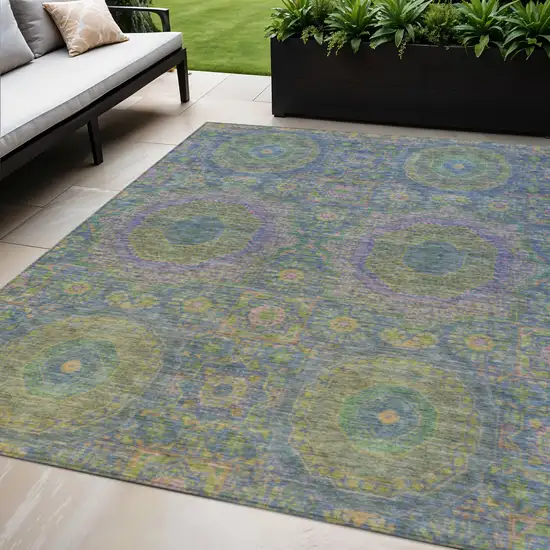 Blue And Green Medallion Washable Indoor Outdoor Area Rug Photo 2