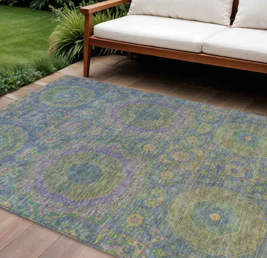 Blue And Green Medallion Washable Indoor Outdoor Area Rug Photo 2