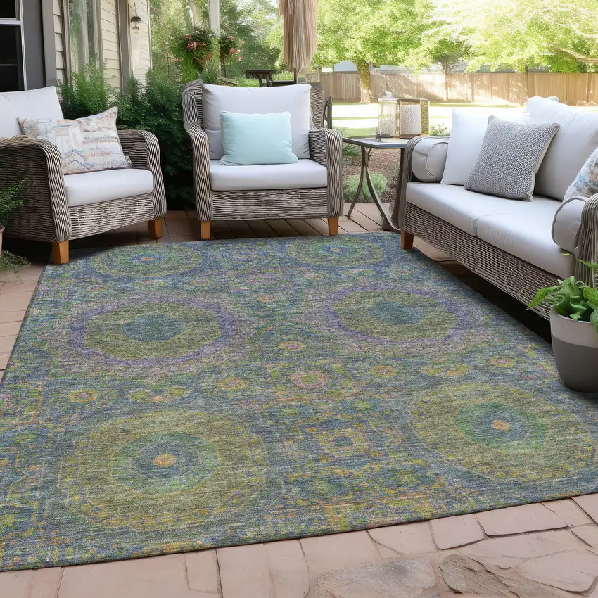 Blue And Green Medallion Washable Indoor Outdoor Area Rug Photo 5