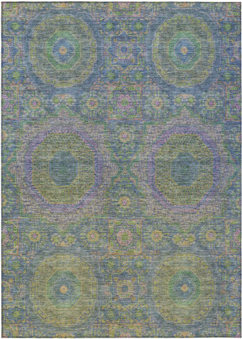 Blue And Green Medallion Washable Indoor Outdoor Area Rug Photo 1