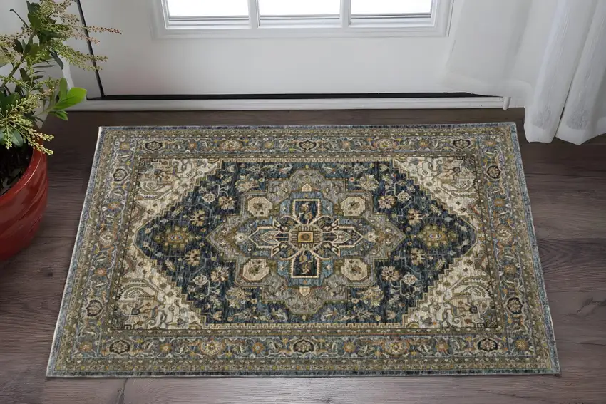 Blue And Green Oriental Power Loom Area Rug With Fringe Photo 1