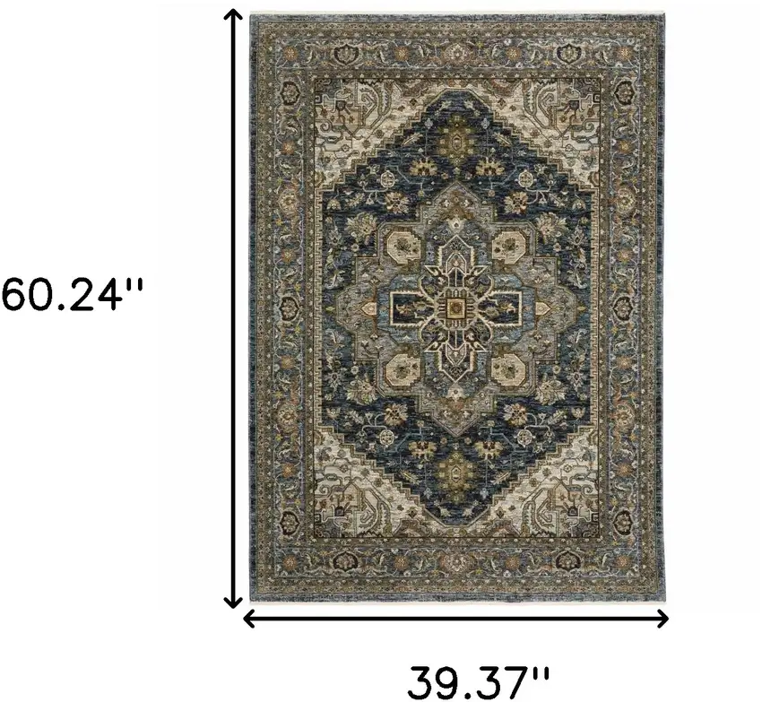 Blue And Green Oriental Power Loom Area Rug With Fringe Photo 3