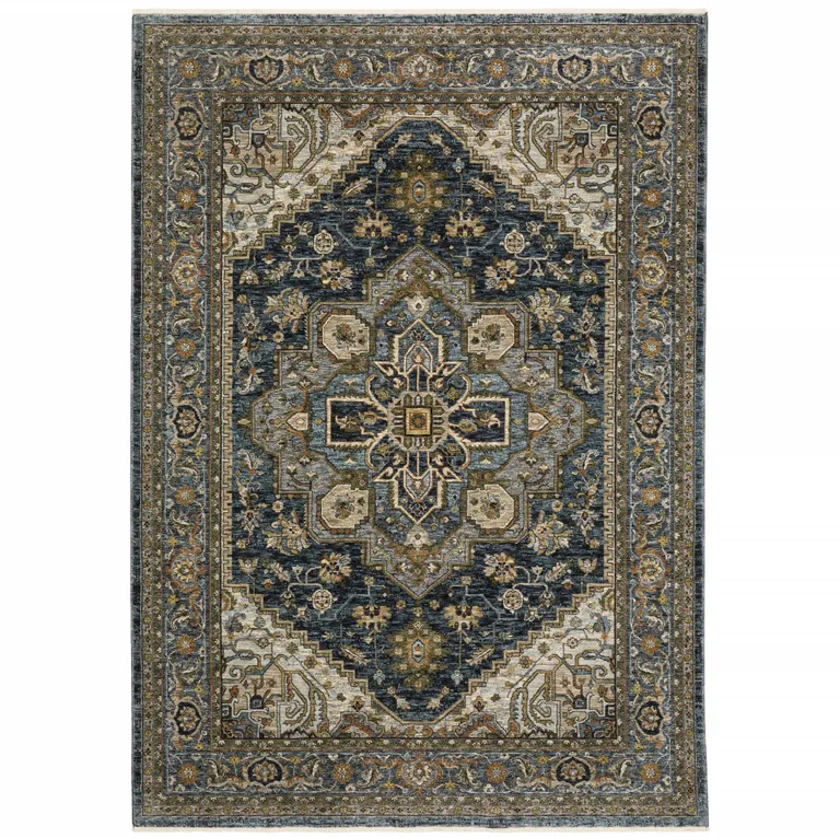 Blue And Green Oriental Power Loom Area Rug With Fringe Photo 3