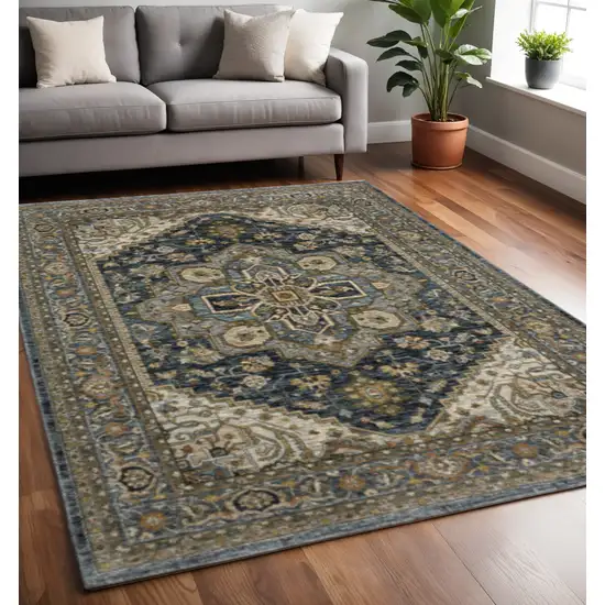 Blue And Green Oriental Power Loom Area Rug With Fringe Photo 1