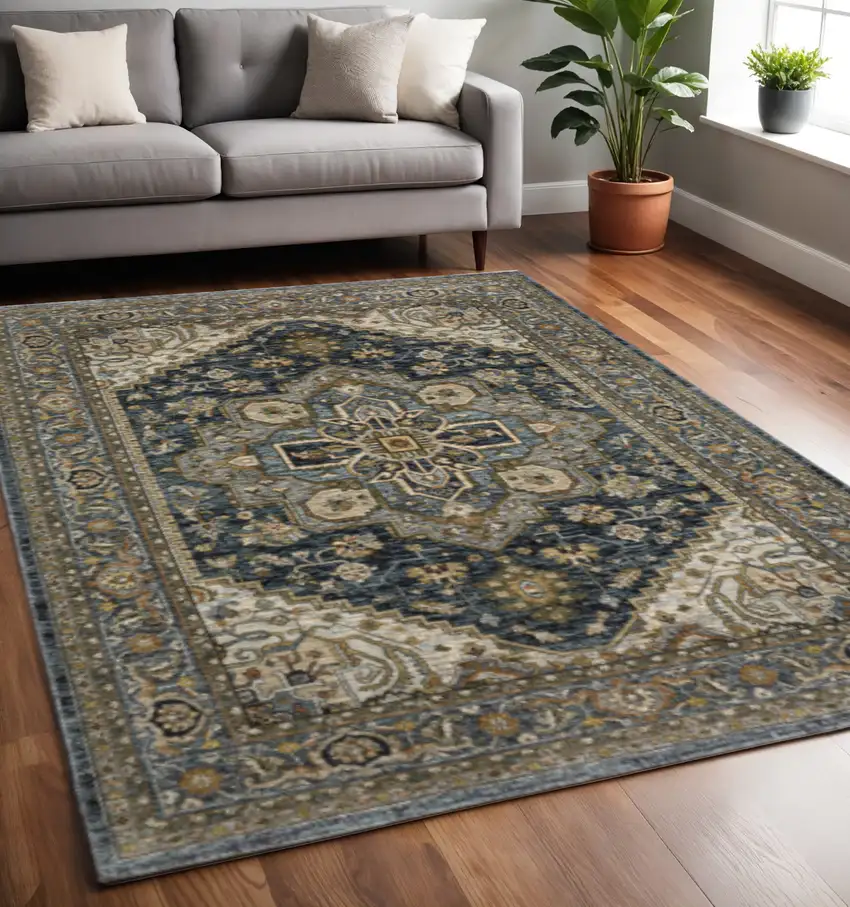 Blue And Green Oriental Power Loom Area Rug With Fringe Photo 1