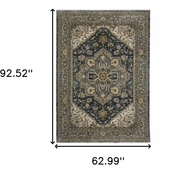 Blue And Green Oriental Power Loom Area Rug With Fringe Photo 3