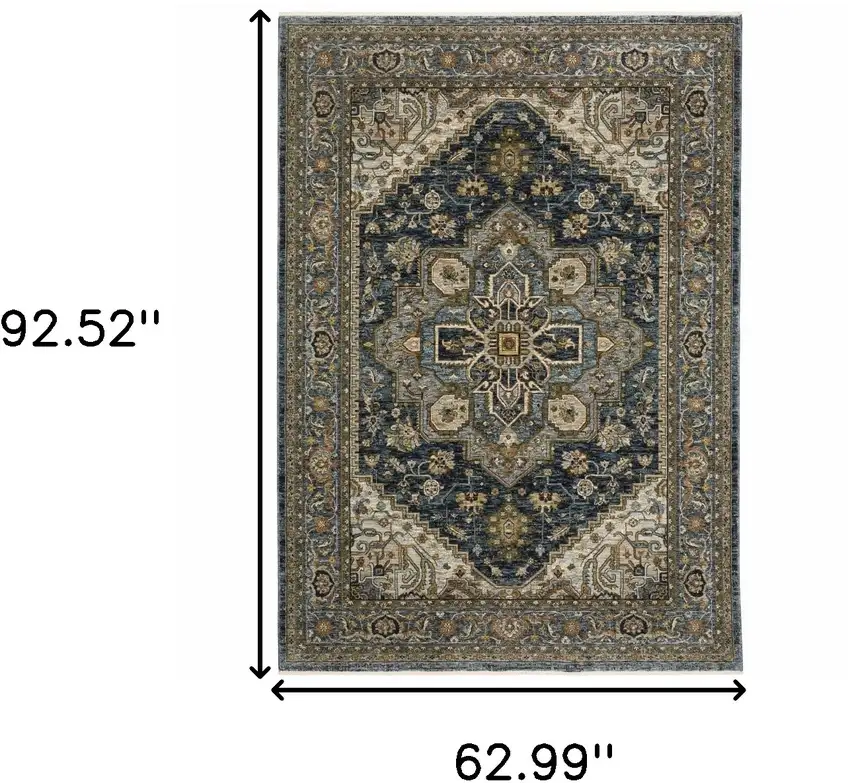 Blue And Green Oriental Power Loom Area Rug With Fringe Photo 3