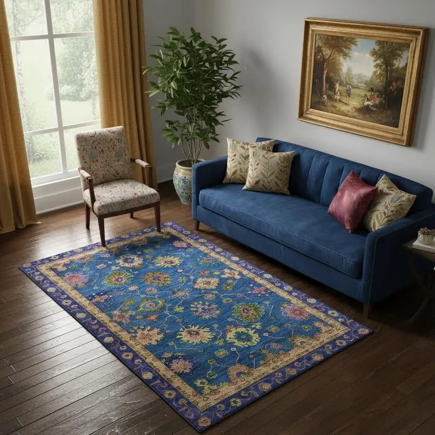 Blue And Green Oriental Washable Area Rug With UV Protection Photo 2