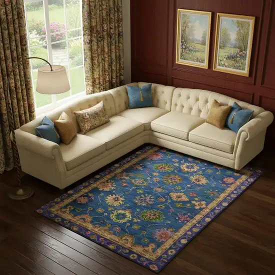 Blue And Green Oriental Washable Area Rug With UV Protection Photo 2