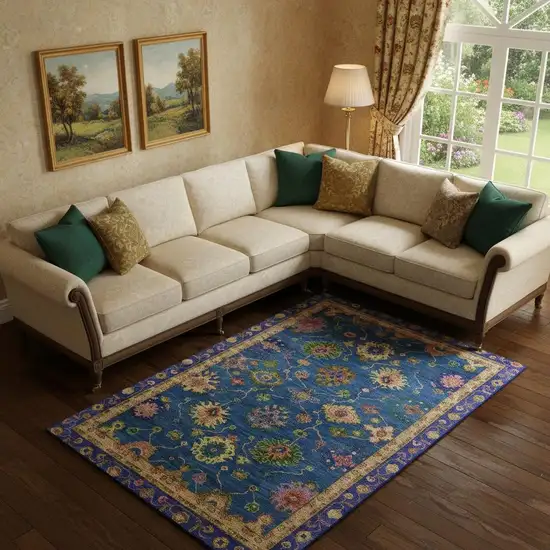 Blue And Green Oriental Washable Area Rug With UV Protection Photo 2