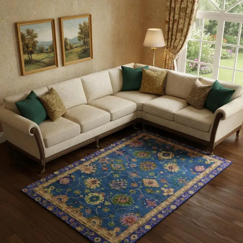 Blue And Green Oriental Washable Area Rug With UV Protection Photo 2