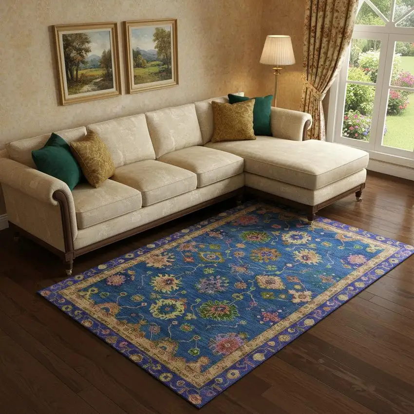 Blue And Green Oriental Washable Area Rug With UV Protection Photo 2