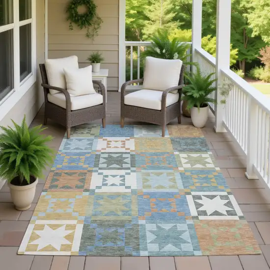 Blue And Green Patchwork Washable Indoor Outdoor Area Rug Photo 7