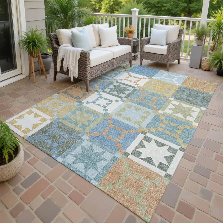 Blue And Green Patchwork Washable Indoor Outdoor Area Rug Photo 4