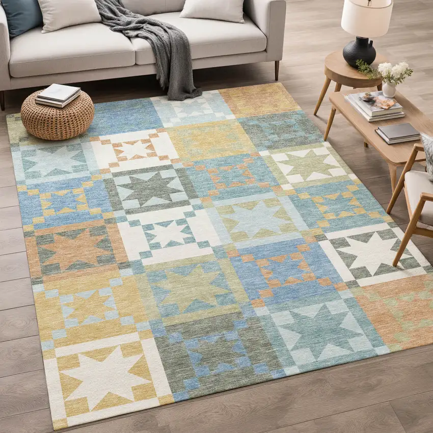 Blue And Green Patchwork Washable Indoor Outdoor Area Rug Photo 5
