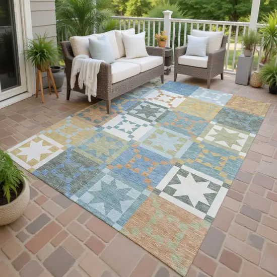 Blue And Green Patchwork Washable Indoor Outdoor Area Rug Photo 4