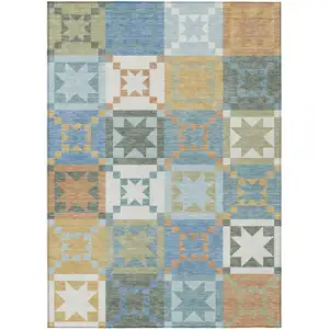 Photo of Blue And Green Patchwork Washable Indoor Outdoor Area Rug