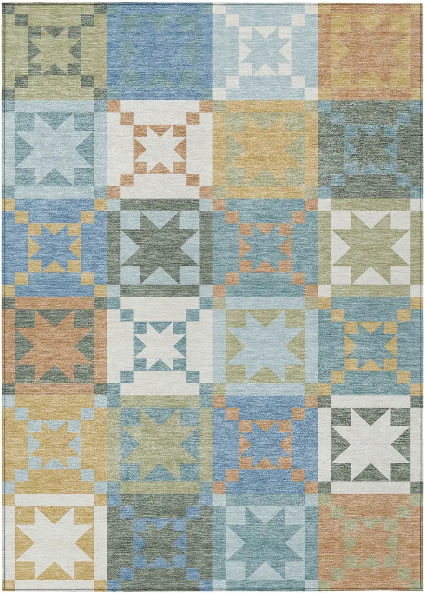 Blue And Green Patchwork Washable Indoor Outdoor Area Rug Photo 1