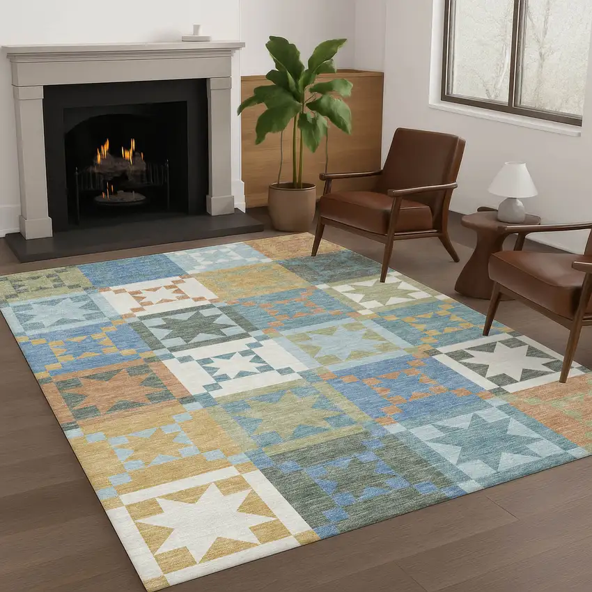 Blue And Green Patchwork Washable Indoor Outdoor Area Rug Photo 6