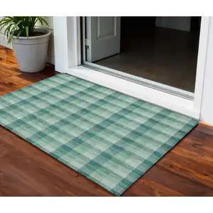 Photo of Blue And Green Plaid Washable Indoor Outdoor Area Rug