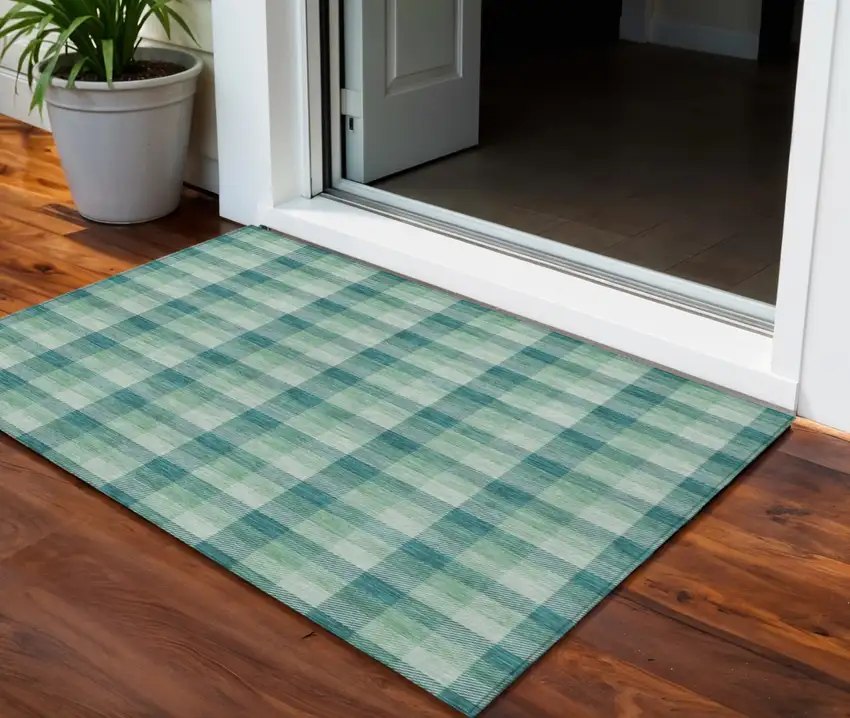 Blue And Green Plaid Washable Indoor Outdoor Area Rug Photo 1