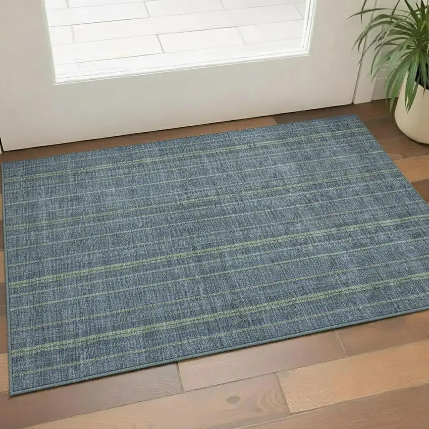 Blue And Green Striped Washable Area Rug With UV Protection Photo 2