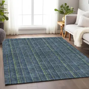 Photo of Blue And Green Striped Washable Area Rug With UV Protection