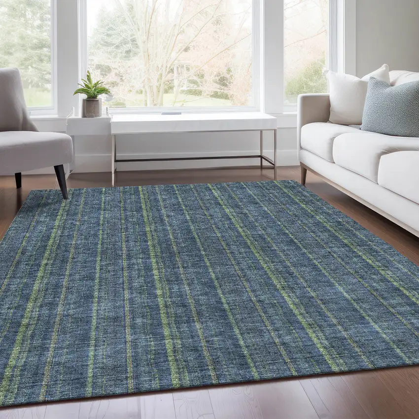 Blue And Green Striped Washable Area Rug With UV Protection Photo 4