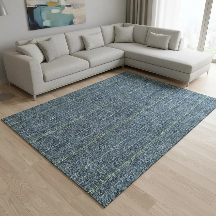 Blue And Green Striped Washable Area Rug With UV Protection Photo 2