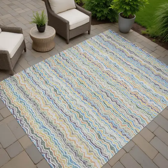 Blue And Green Striped Washable Indoor Outdoor Area Rug Photo 7