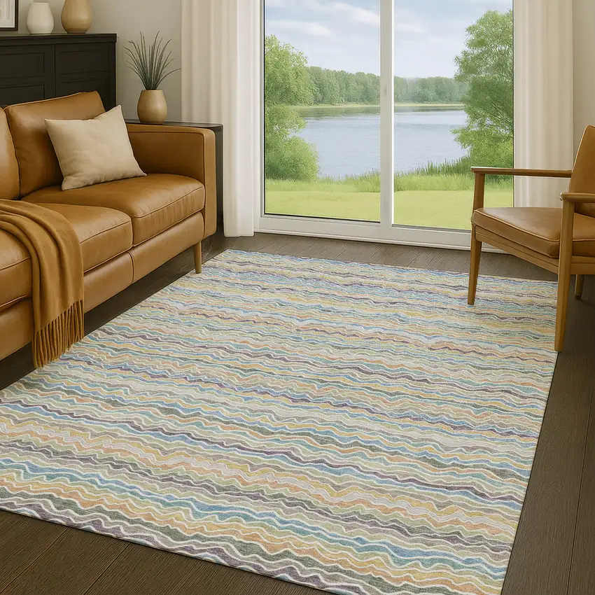 Blue And Green Striped Washable Indoor Outdoor Area Rug Photo 5