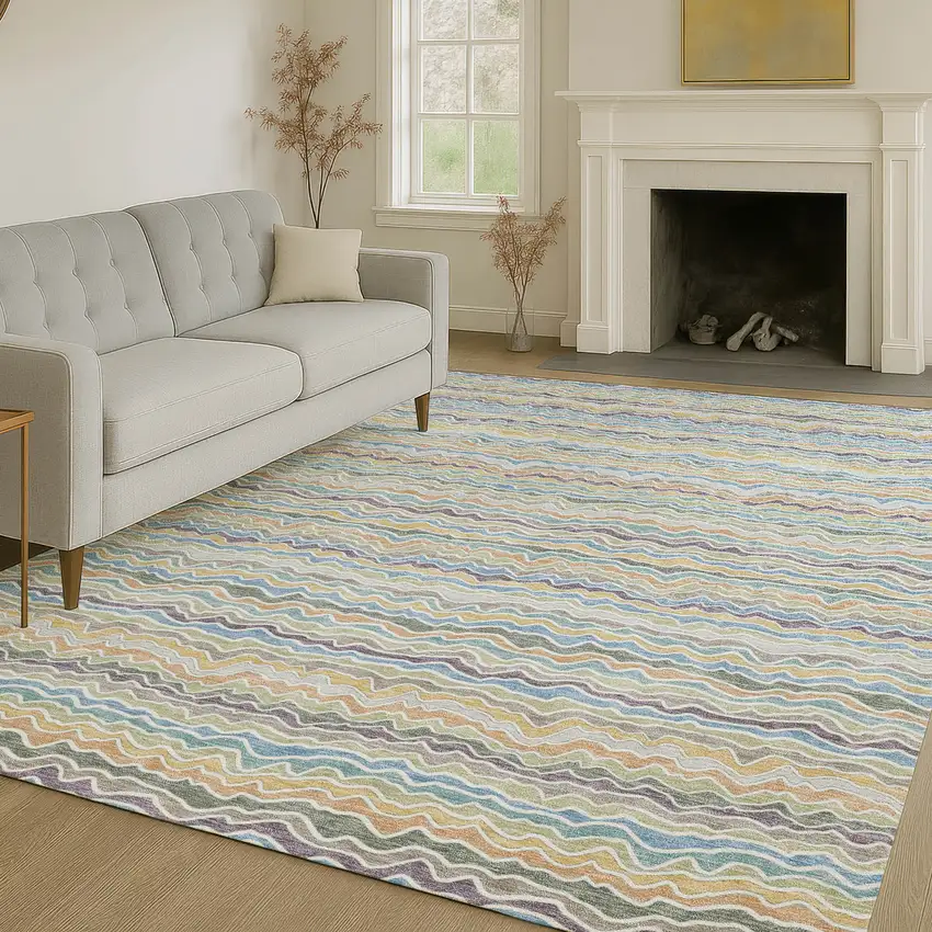 Blue And Green Striped Washable Indoor Outdoor Area Rug Photo 6