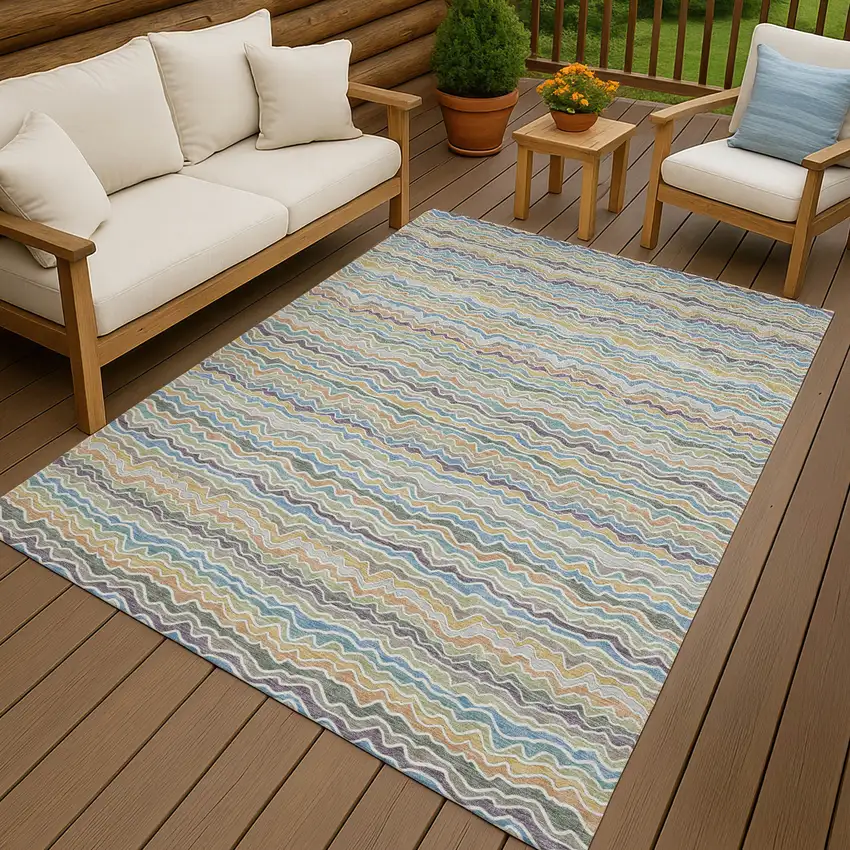 Blue And Green Striped Washable Indoor Outdoor Area Rug Photo 4