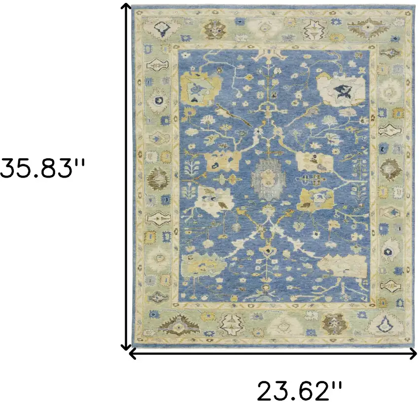Blue And Green Wool Oriental Hand Knotted Area Rug With Fringe Photo 3