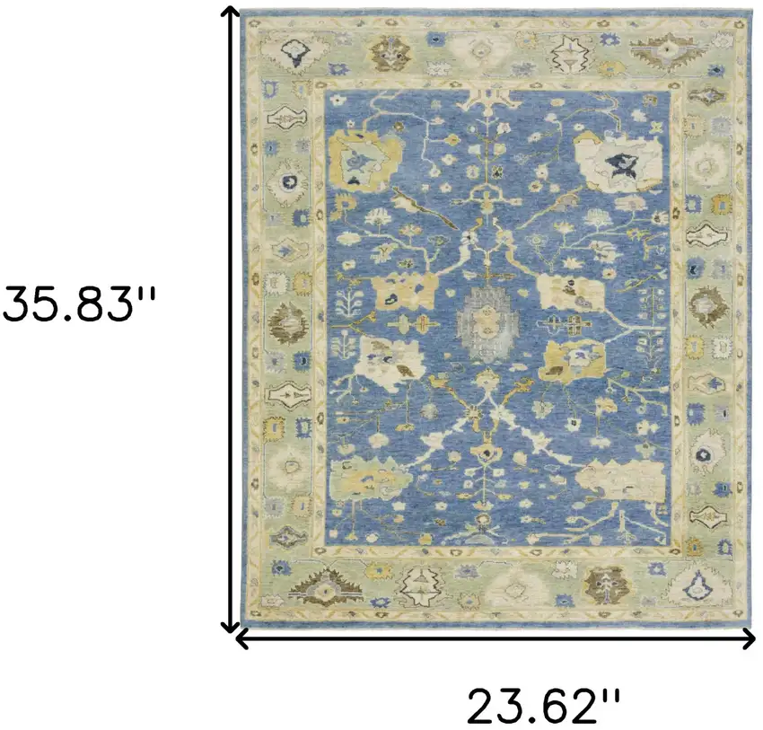 Blue And Green Wool Oriental Hand Knotted Area Rug With Fringe Photo 3