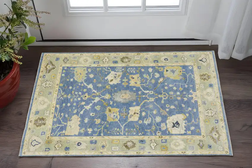 Blue And Green Wool Oriental Hand Knotted Area Rug With Fringe Photo 1